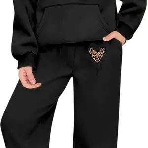 Women Leopard Heart Hoodie & Jogger Set – Cute 2 Piece Casual Tracksuit