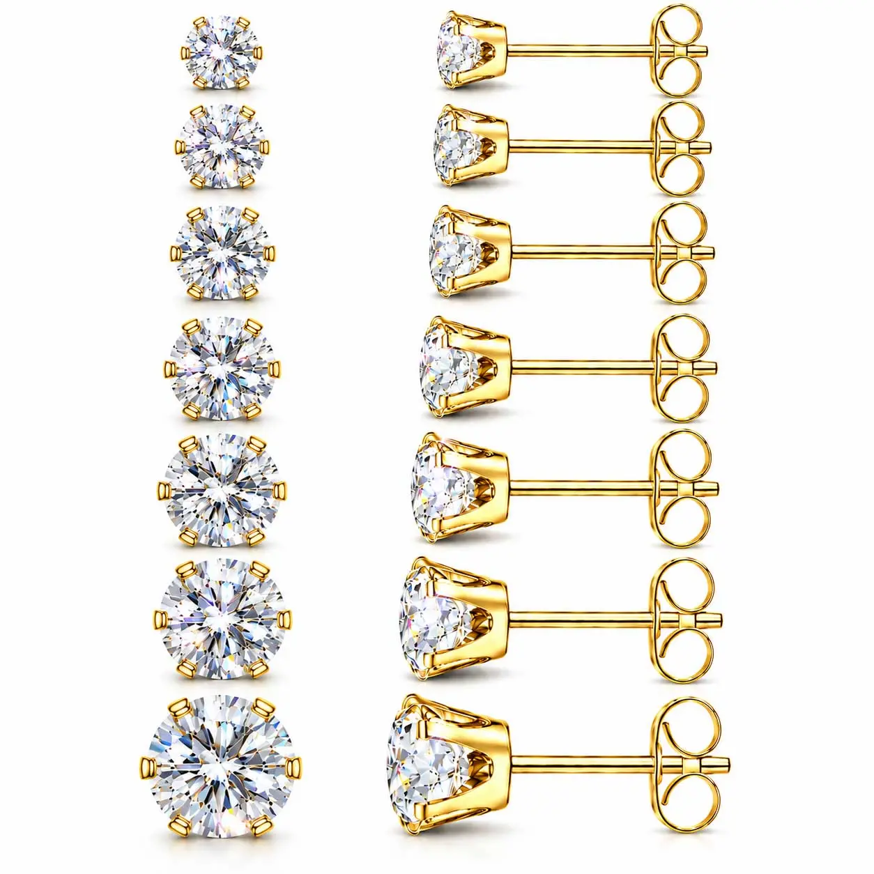 Women's 7-Pair 2-8mm Gold & Silver Tone Synthetic Moissanite Small Stud Earrings Set - Hypoallergenic Stainless Steel, Sparkling Cubic Zirconia, Skin-Safe, Secure Fit, Cartilage, Flat/Screw Back, Minimalist Daily Wear Jewelry for Sensitive Ears