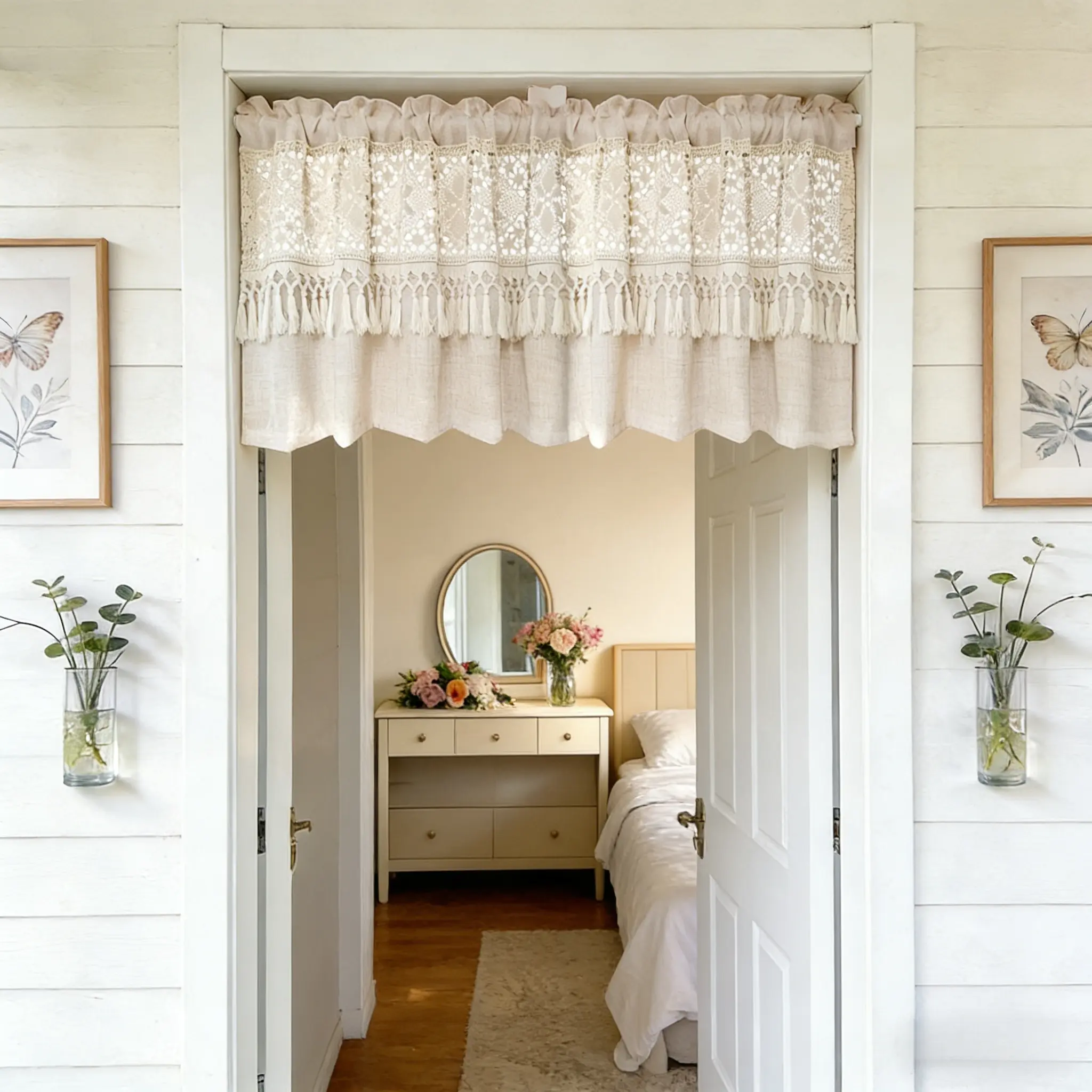 Boho Crochet Lace Sheer Valances for Window Kitchen Vintage Macrame Valances with Tassels for Dining Room Living Room Farmhouse Rustic Crochet Curtain Valance Rod Pocket 1 Panel