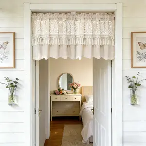 Boho Crochet Lace Sheer Valances for Window Kitchen Vintage Macrame Valances with Tassels for Dining Room Living Room Farmhouse Rustic Crochet Curtain Valance Rod Pocket 1 Panel