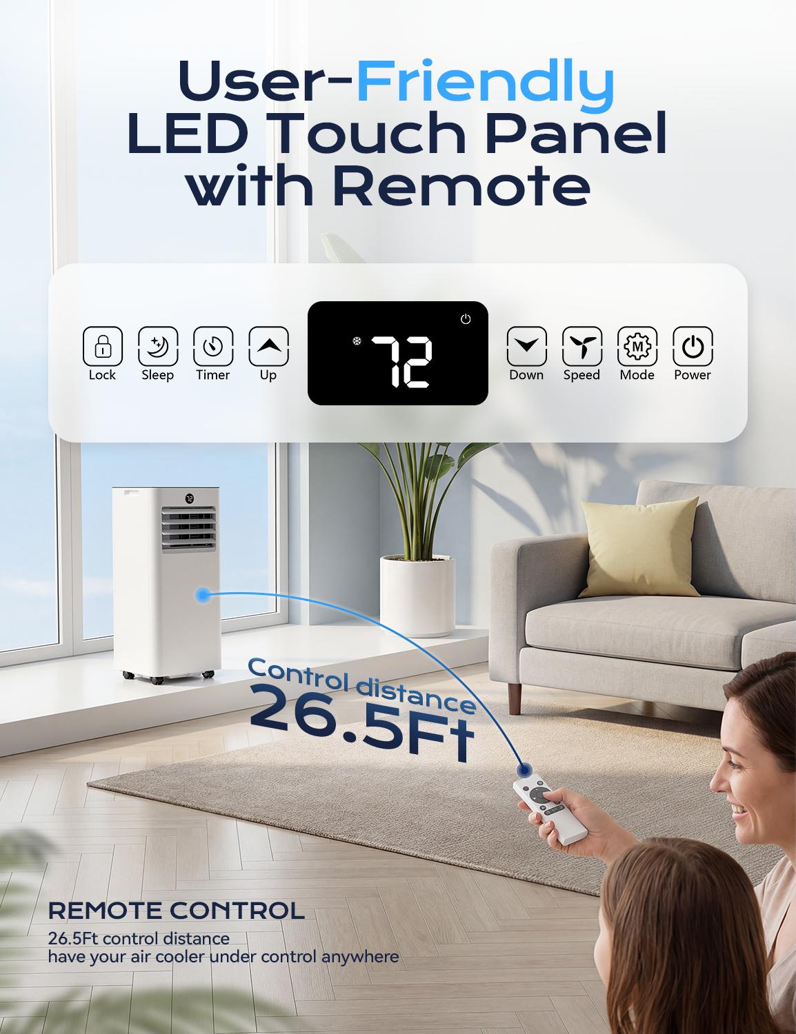 TEHANLD Portable Air Conditioner,8000 BTU  for Rooms up to 350 Sq. Ft.,AC Unit with Built-in Cool, Dehumidifier , Fan&Sleep Modes,Remote Control and Window Mount Kit Included, White