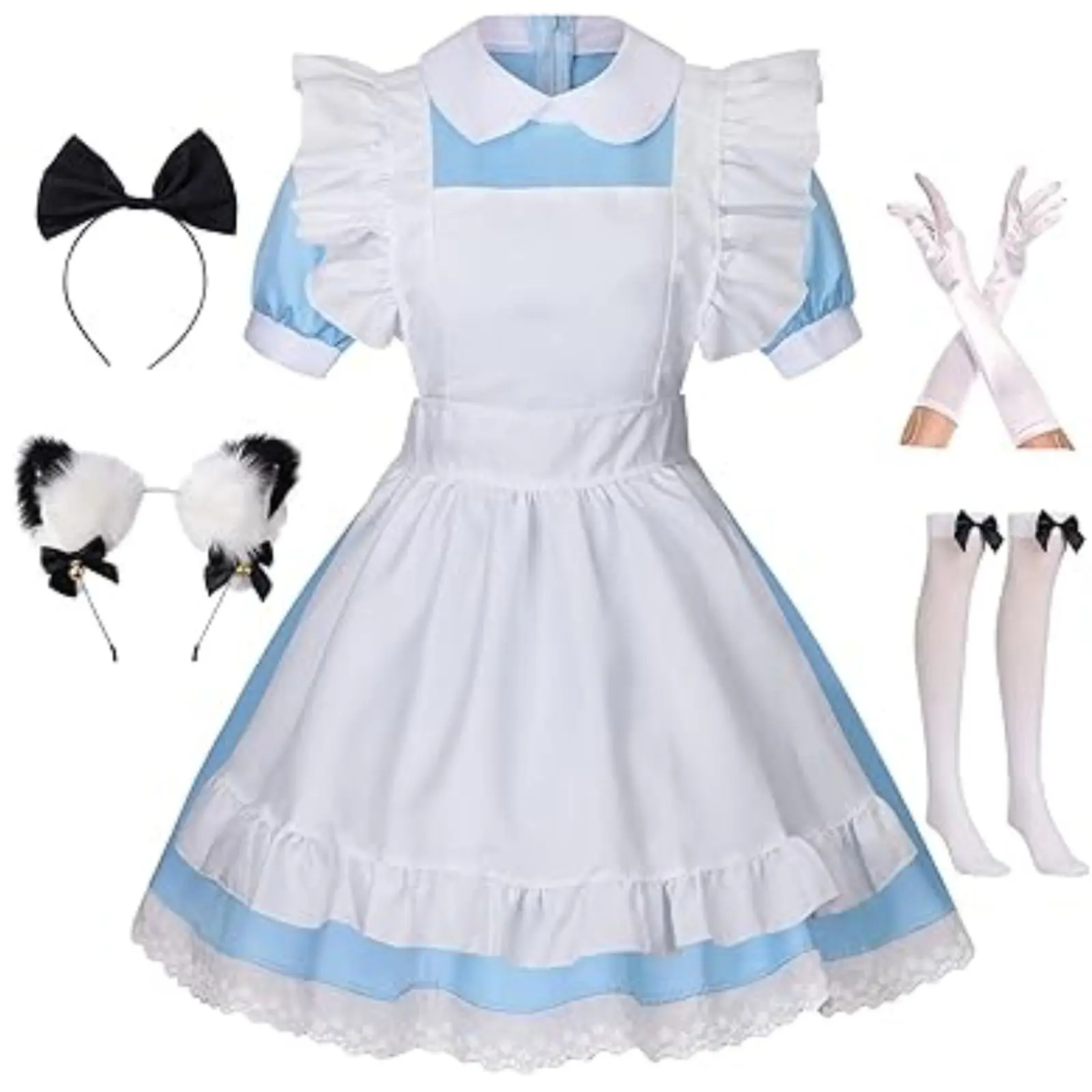 Women's Lolita French Maid Outfit Halloween Anime Costume with Apron Gloves Headband Socks 6 Pcs Set Blue Black