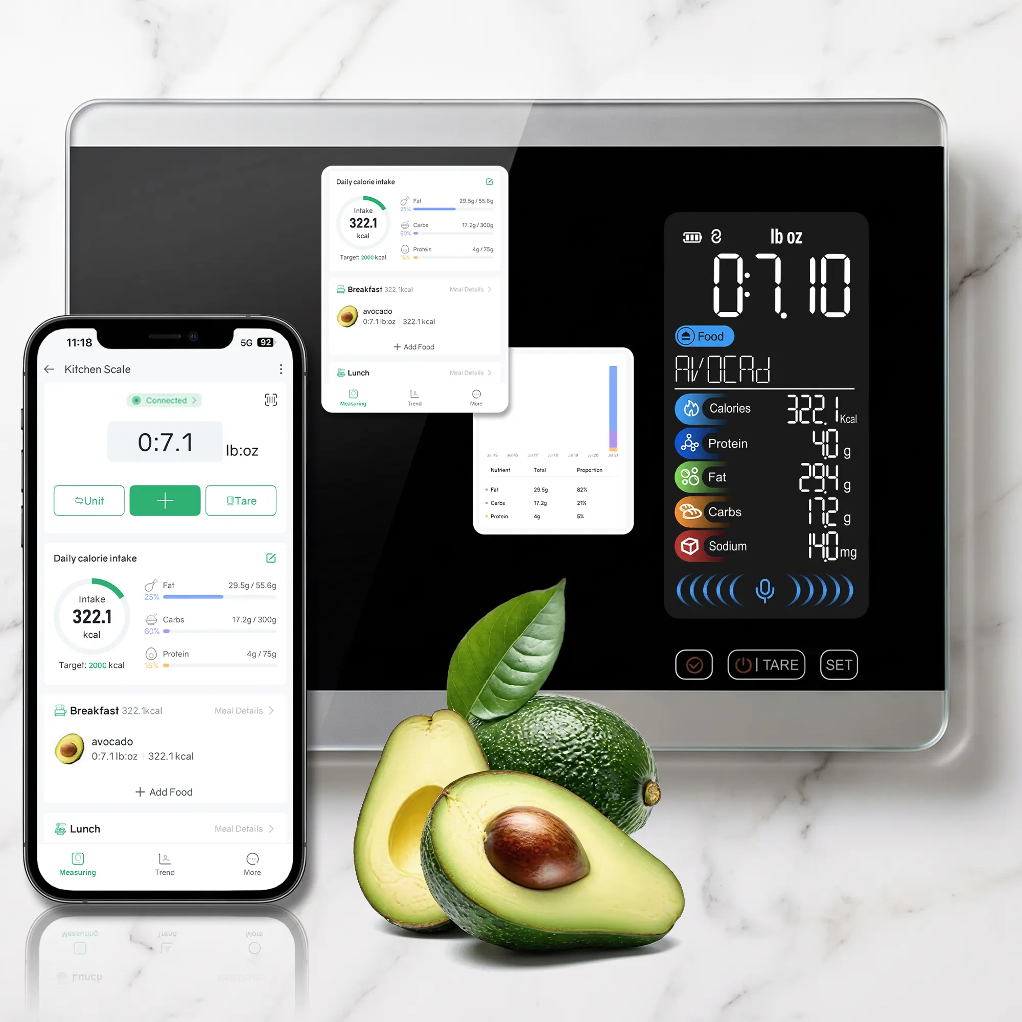 Housmax Voice-Activated Smart Digital Calorie Scale - Accurate Tempered Glass Digital Weighing Scale, 500 Built-In Offline Foods, 50 Custom Favorites, Optional App, Type-C Charge Color LCD for Diet Baking toolupgrade