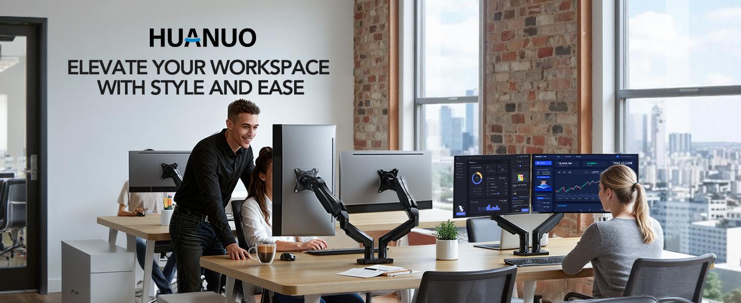 HUANUO Dual Monitor Arm Adjustable Gas Spring Monitor mount for Gaming and Home Office Setups, Monitor Arm hold up to 30" with 19.8 lbs Max Weight and C-Clamp or Grommet Hole Mounting