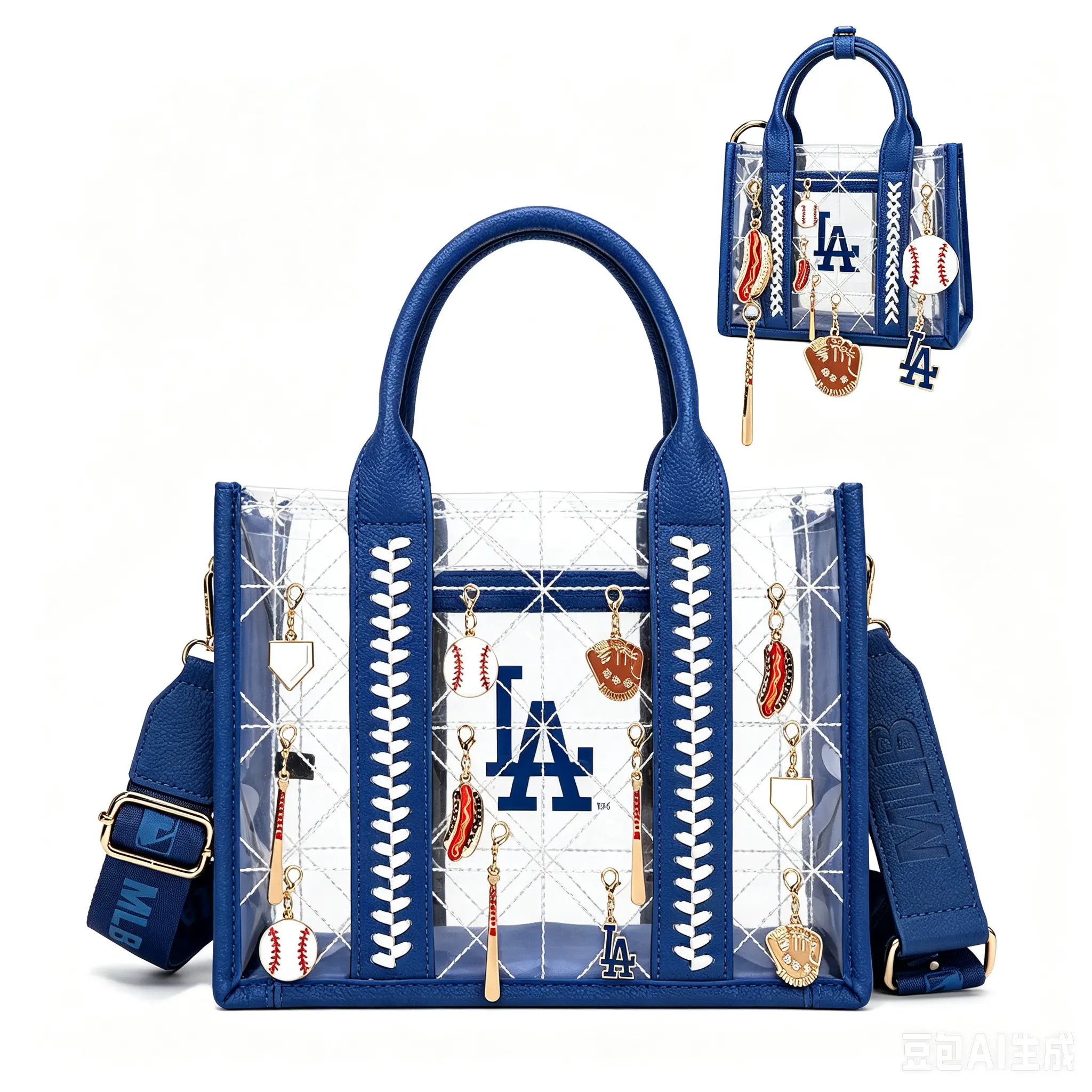 MLB Women Clear Baseball Stitch Tote Bag Set, Large Transparent Crossbody Tote with Mini Tote Bag Charm Combo, Team Logo Shoulder Handbag for Daily Wear 126+128