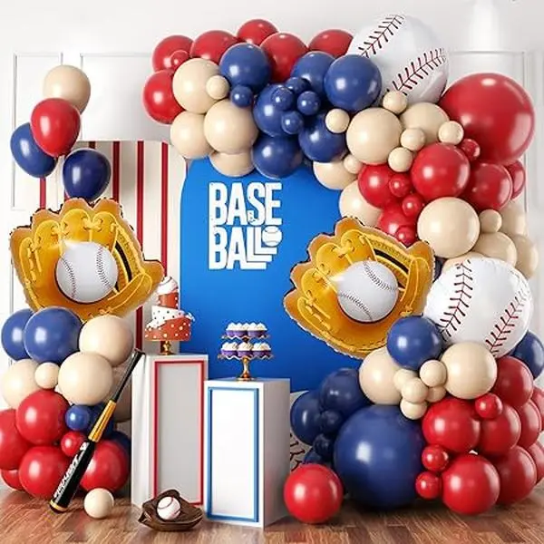 Baseball Birthday Party Decorations, Navy Blue Red Nude Balloon Arch with Baseball Glove Foil Balloons for Boys Girls Summer Birthdays Party Baseball Themed Party Decorations