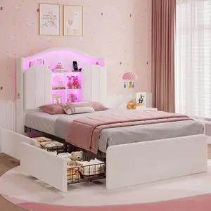 Sikaic Girls Twin Size Bed Frame with 4 Drawers & Hidden Storage Headboard LED Lights Charging Station Velvet Upholstered Strong Metal Slats No Box Spring Needed Noise Free Beige