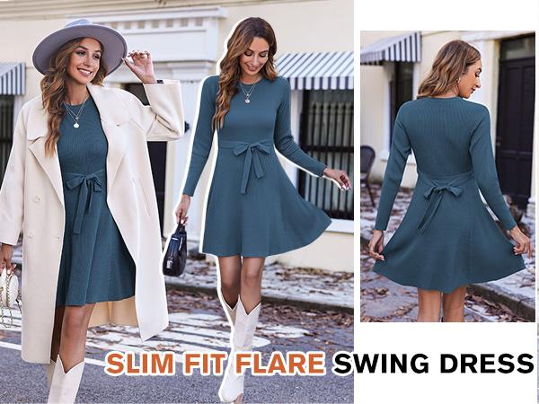 Women's Long Sleeve Dress Crewneck Pullover Sweaters A-Line Casual Swing Dress Bodycon Dress with Belt Thick Suitable for Fall and Winter