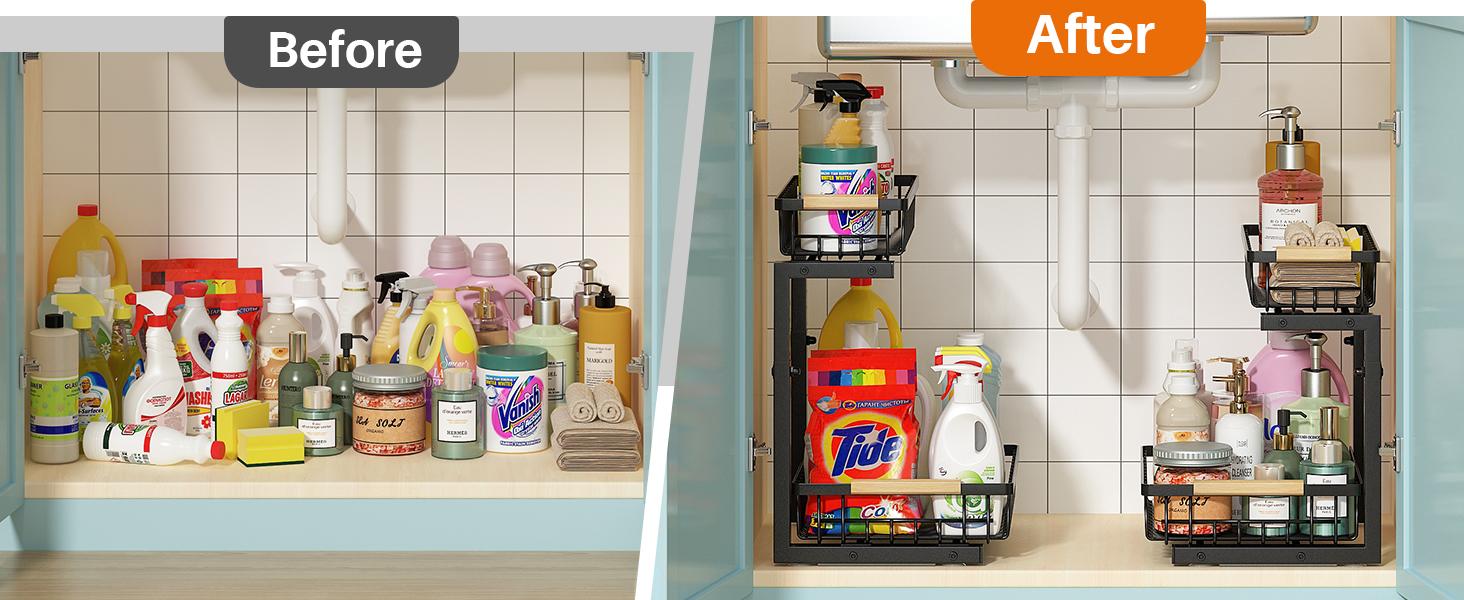 Under Sink Organizer, Height Adjustable Under Sink Organizers and Storage, 2 Tier Pull Out Drawer Cabinet Organizer for Kitchen Bathroom