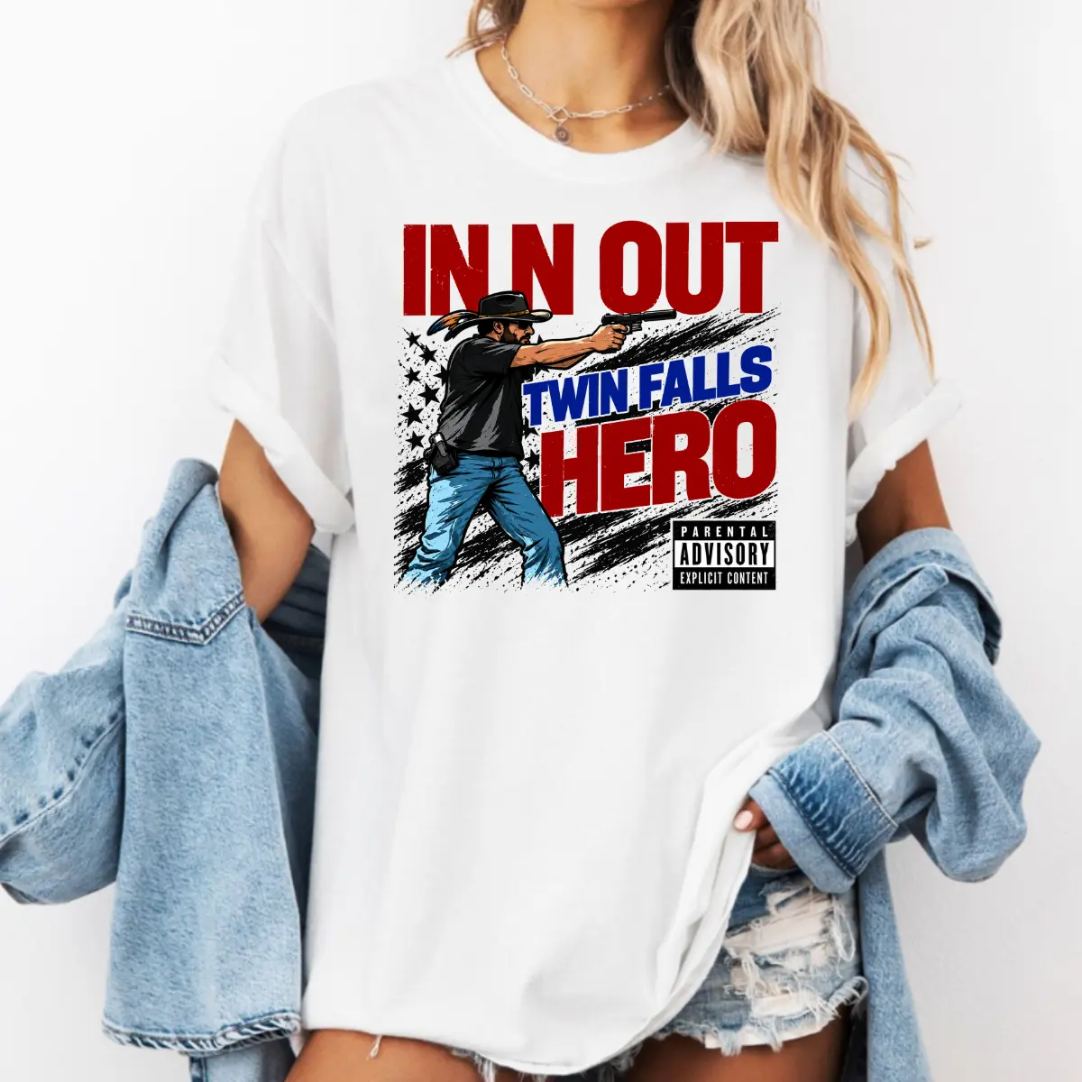 Women's In N Out Twin Falls Hero Crew Neck T-Shirt - Jordan Salinas Shirt, Digital Print Advisory Meme Design, Preshrunk Cotton, Classic Fit, Cold Wash, Gift For Adults