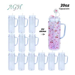 AGH New 20 oz Snow Globe Handle Tumbler Double Wall Plastic Handle Cups with Clear lids and Straws and straw Topper for DIY Glitter Gift Water Bottle  12pcs
