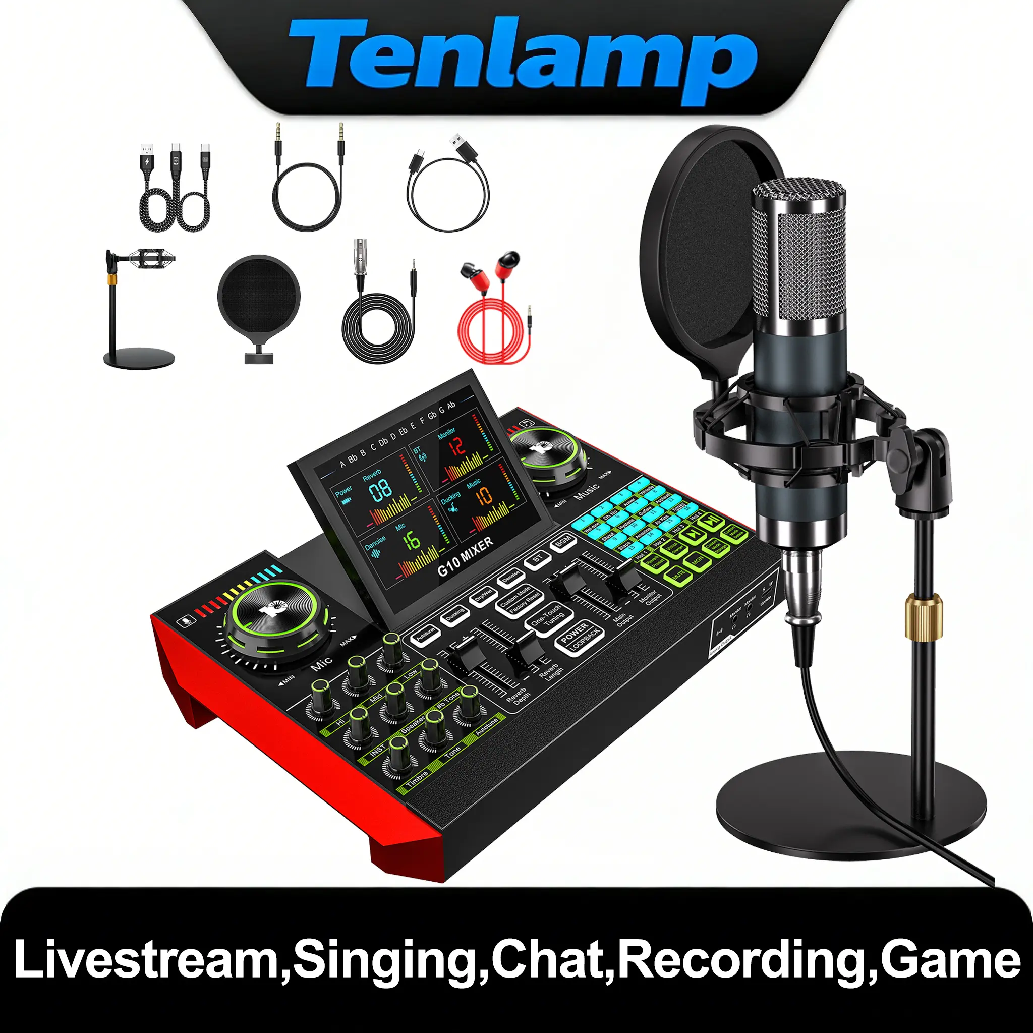 Tenlamp Podcast Equipment Kit - Amplifiers, Condenser Microphone, Professional Streaming USB Audio Mixer, DJ Effects Processor with Vocal Converter, for Recording, Live Streaming (Manufacturer Warranty) summerwins
