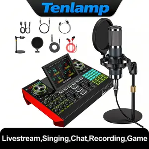 Tenlamp Podcast Equipment Set, including a condenser microphone, professional mixing console, and DJ effects processor with vocal converter, suitable for recording, live streaming content creation, and TikTok live streaming equipment.