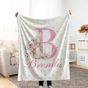 Custom Easter Baby Name Blanket, [Click Shop Chat, Send Name] Personalized Kids Initial Throw, Customized Easter Rabbit Bunny Gift, Baby Girl's First Easter Pink Keepsake