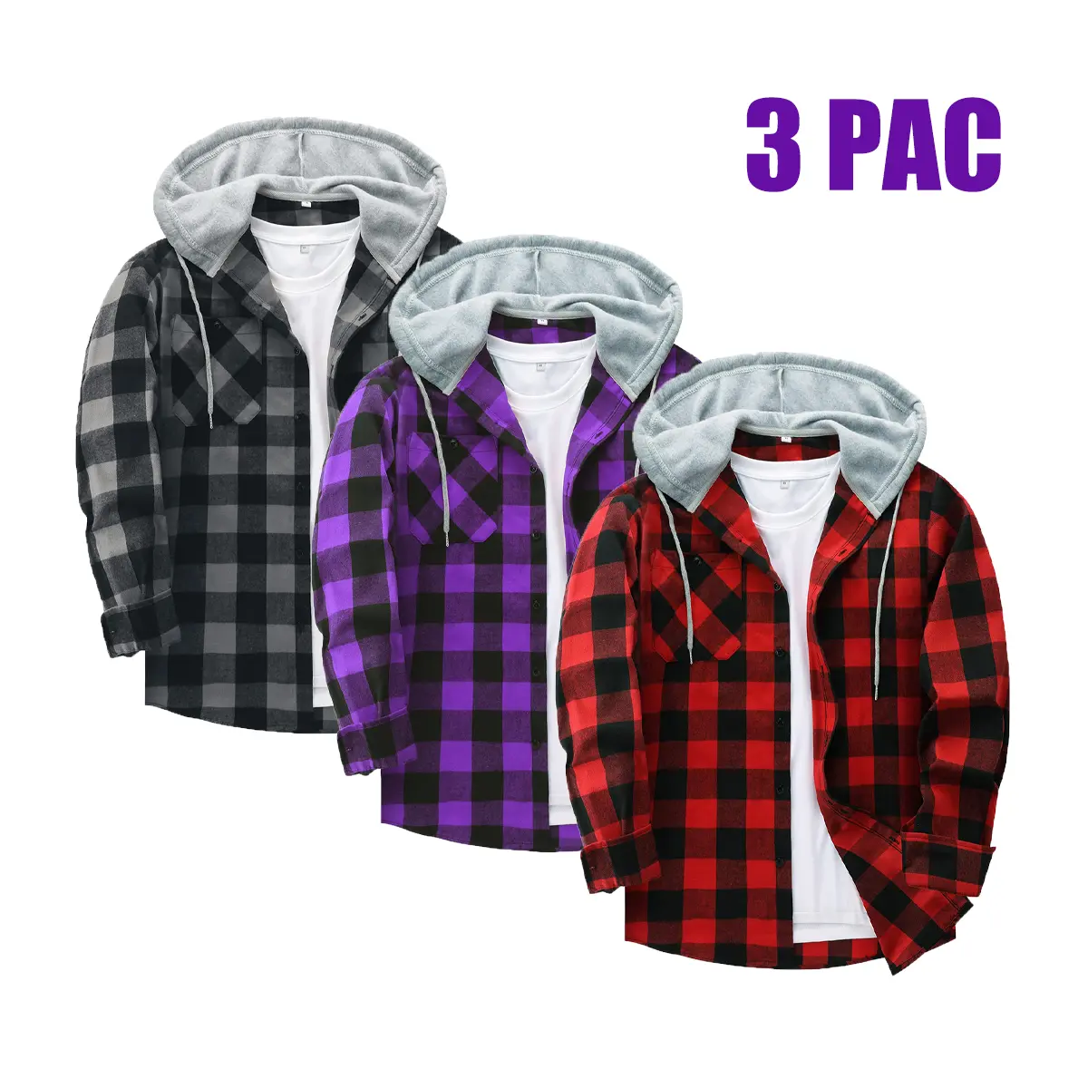 ZITY 3 Pack Men's Spring Lightweight Hooded Shirts - Wetsuit-Soft Thin Flannel Bundle - Multi-Color Value Set - Breathable Button Down Shacket for Men Longsleeves tiktok shop deals