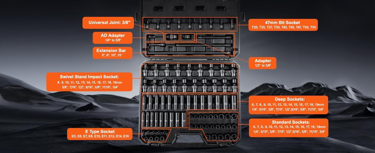 VEVOR 3/8" Drive Impact Socket Set, SAE 1/4"-3/4" and Metric 6-19mm 90 Piece Socket Set, 6 Point Cr-Mo Alloy Steel for Auto Repair, Includes Extension Bars Universal Joint Adapter Lock Storage Case
