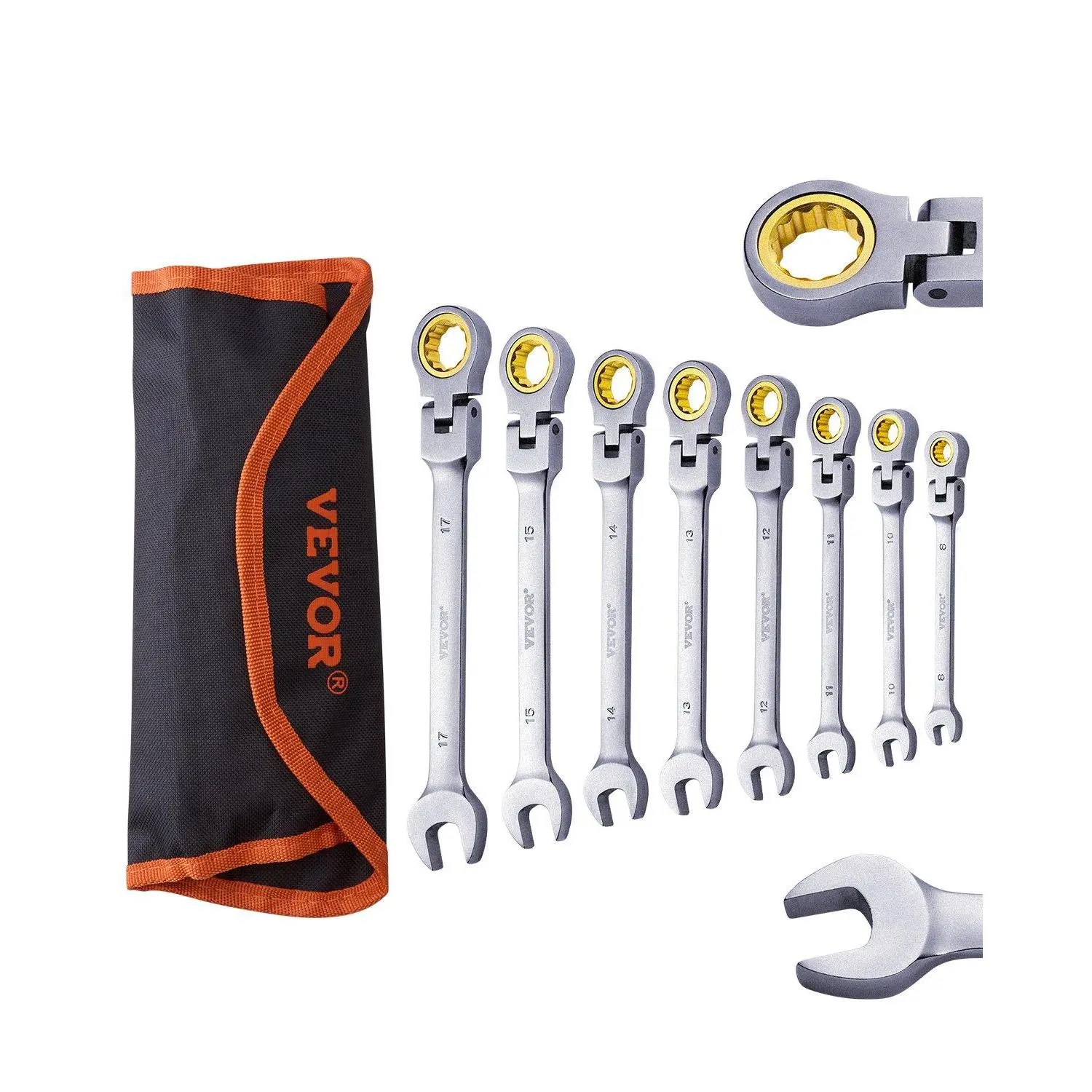 【Summerfinds】VEVOR Flex-Head Ratcheting Wrench Set8-PC Metric (8 mm-17 mm) Multifunctional Adjustable Wrench Set with Roll-up PouchMultifunctional Wrench Set