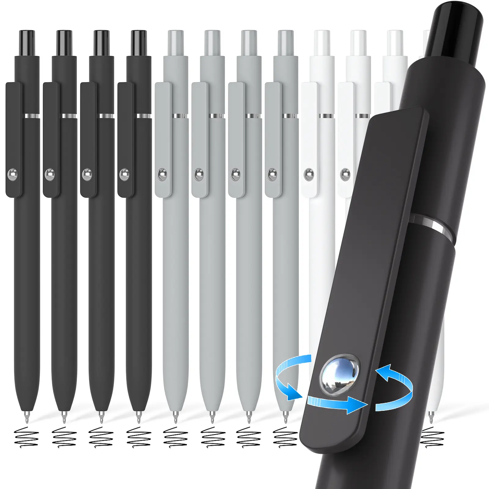 OMEYA 6/12 Pcs 0.5mm Fine Point Gel Pens - Retractable, 360° Rotating Steel Ball Clip, Crisp Rich Black Gel Ink Flow, Fast Note-Taking, Aesthetic Minimalist Neutral Shades, Fidget Roller Pens for Office, Journaling