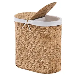 Laundry Hamper with Lid, Handwoven Water Hyacinth Clothes Hamper with Removable Liner Bags, 2 Section Wicker Laundry Basket for Bedroom, Laundry Room and Bathroom（242）