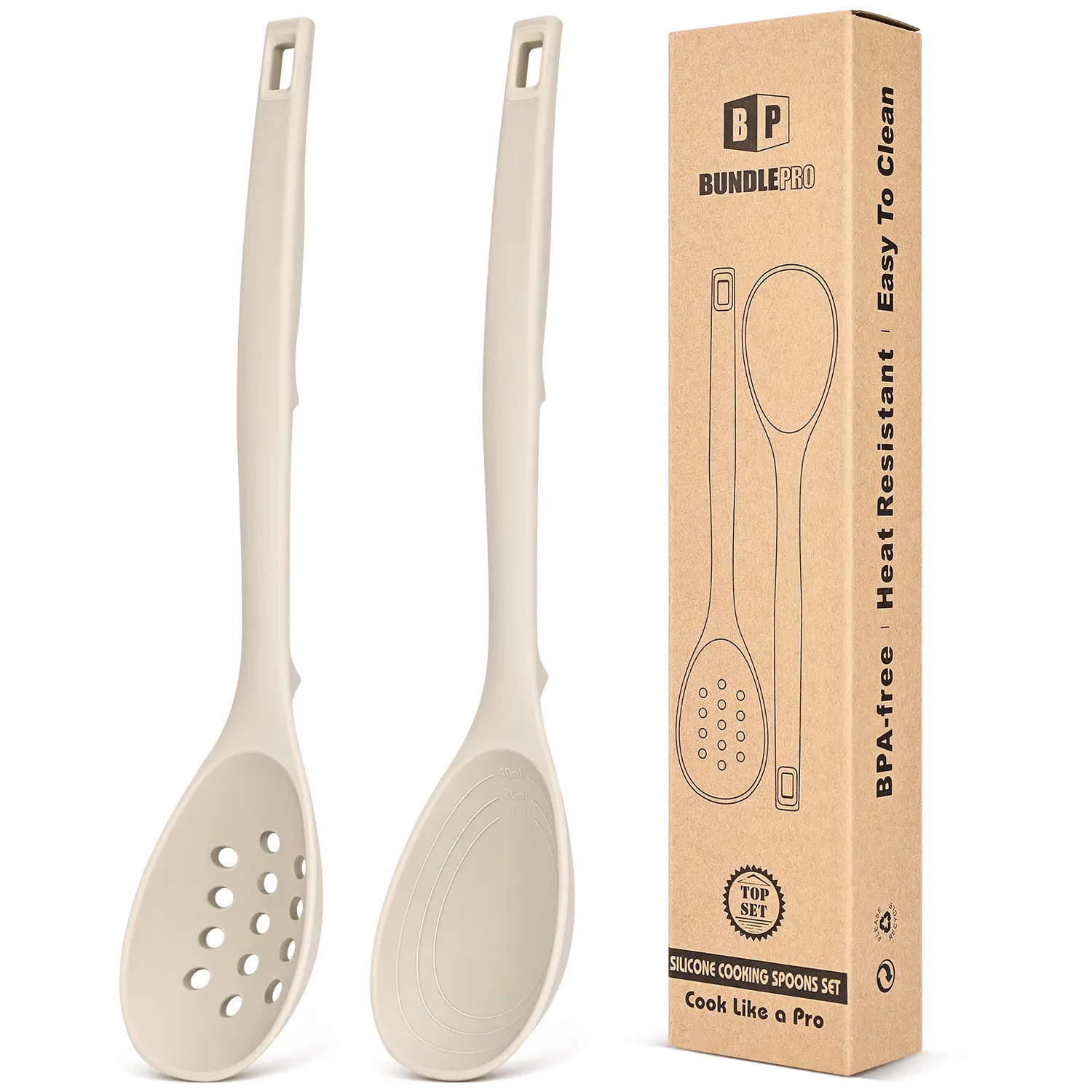 Pack of 2 Silicone Cooking Spoons, Non Stick Solid Kitchen Spoon with Measuring Marks & Back Hooks, Heat Resistant Silicone Slotted Spoon for Cooking, Mixing, Stirring,Serving