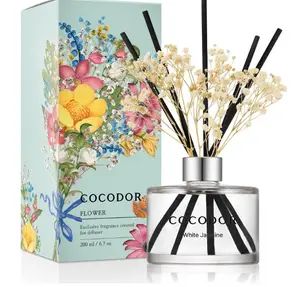 COCODOR Flower Reed Diffuser Set / 6.7oz / White Jasmine/Scent Diffuser with Sticks Home Fragrance Reed Diffuser for Bathroom Shelf Decor