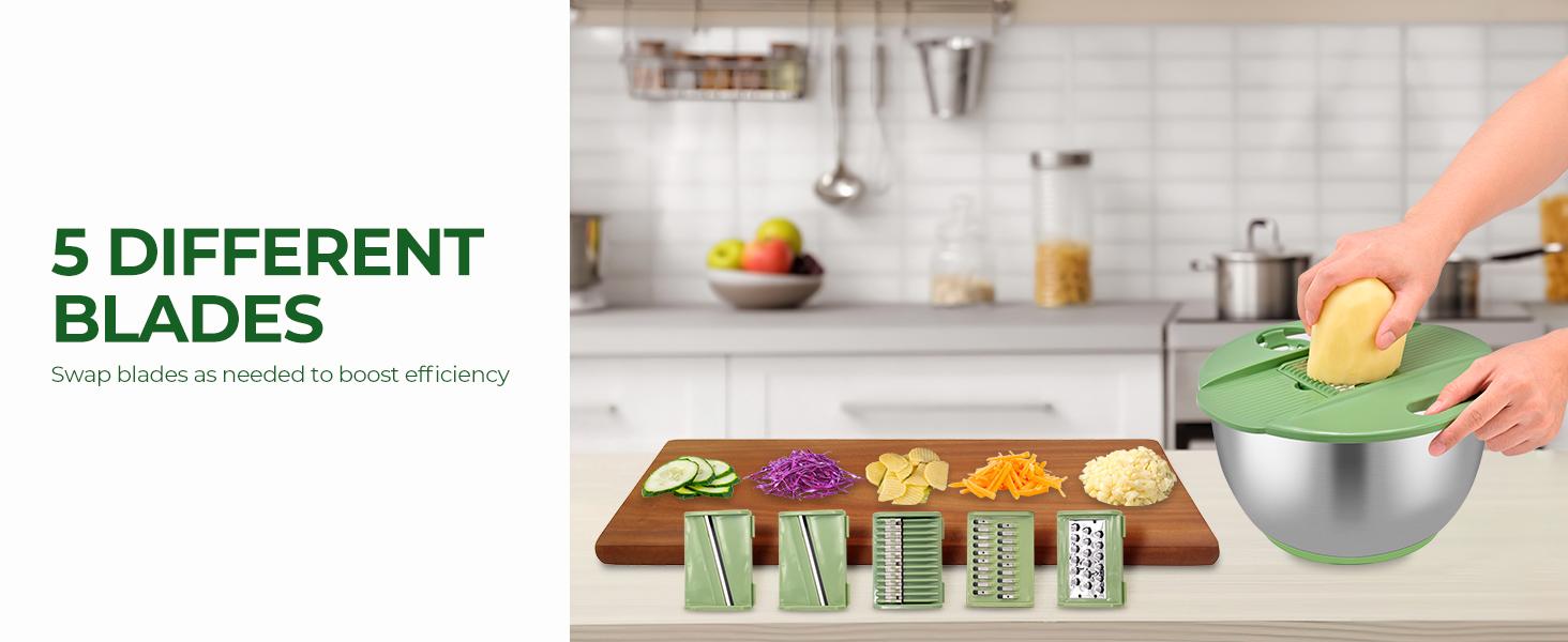 SUSTEAS 5-in-1 Salad Prep Station Green Steel Vegetable & Fruit Cutting Basket with Strainer & Fruit Filter Versatile Kitchen Tool for Meal Prep Utensil