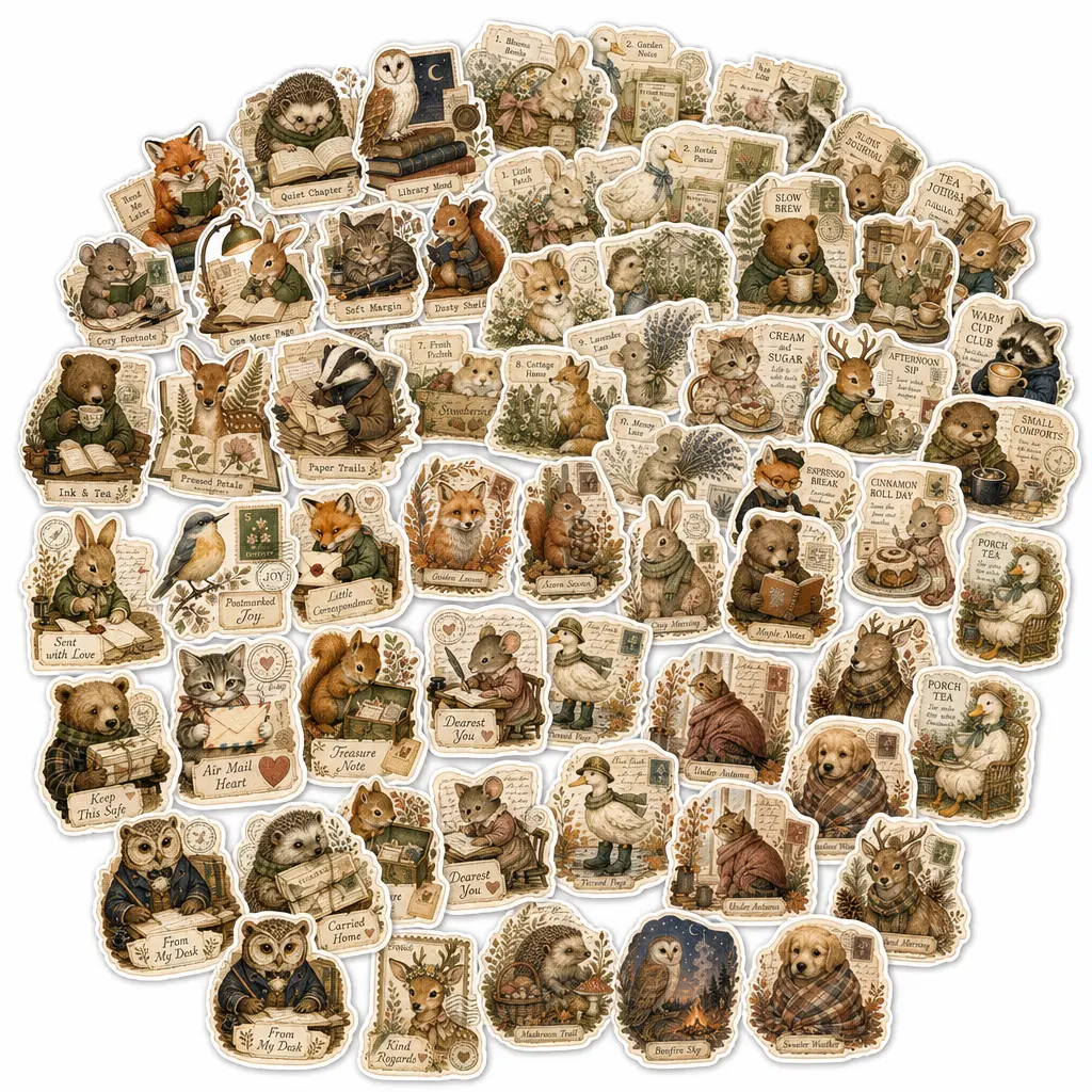 Vintage Woodland Critters Die-Cut Stickers - 50 Soft, Waterproof, Durable Vinyl Cottagecore Animal Scrapbooking Set, Matte, Easy-to-Mix, Thoughtful Craft Supplies for Journals, Stamping DIY Projects