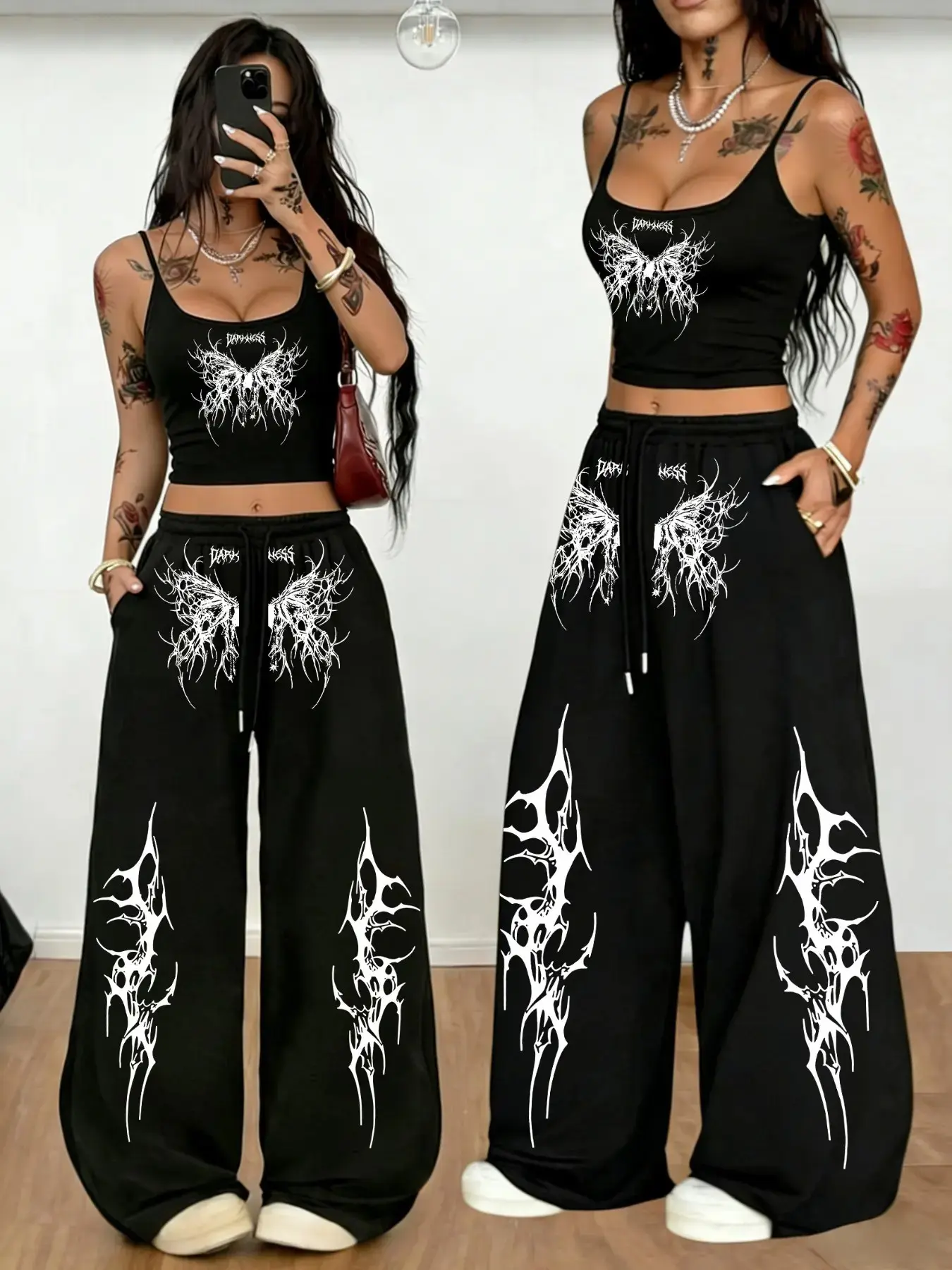 Summer New Dark Punk Style Women Set, Butterfly Print Halter Top + Wide Leg Baggy Sweatpants Two-Piece, Casual Loose-Fitting Oversized Suit, Casual Everyday Set