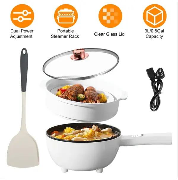 3L/0.8gal 120V Electric Hot Pot Non-Stick Frying Pan - Adjustable Dual Power Control, Heat Resistant Long Handle, Steamer Rack, Spatula, Glass Lid, Overheat & Dry-Boil Protection, Portable 1-3 People Noodles Cooker, Space-Saving for College Dorms, Compact