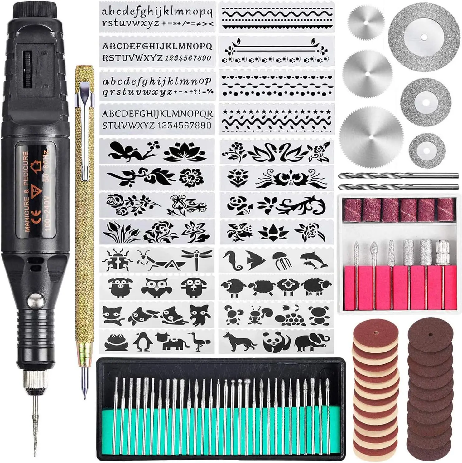 108 count Engraving Tool Kit, Multi-Functional Electric Corded  Engraver Etching Pen DIY Rotary Tool for  Glass  Metal Plastic with Scriber, 82 Accessories and 24 Stencils - Black