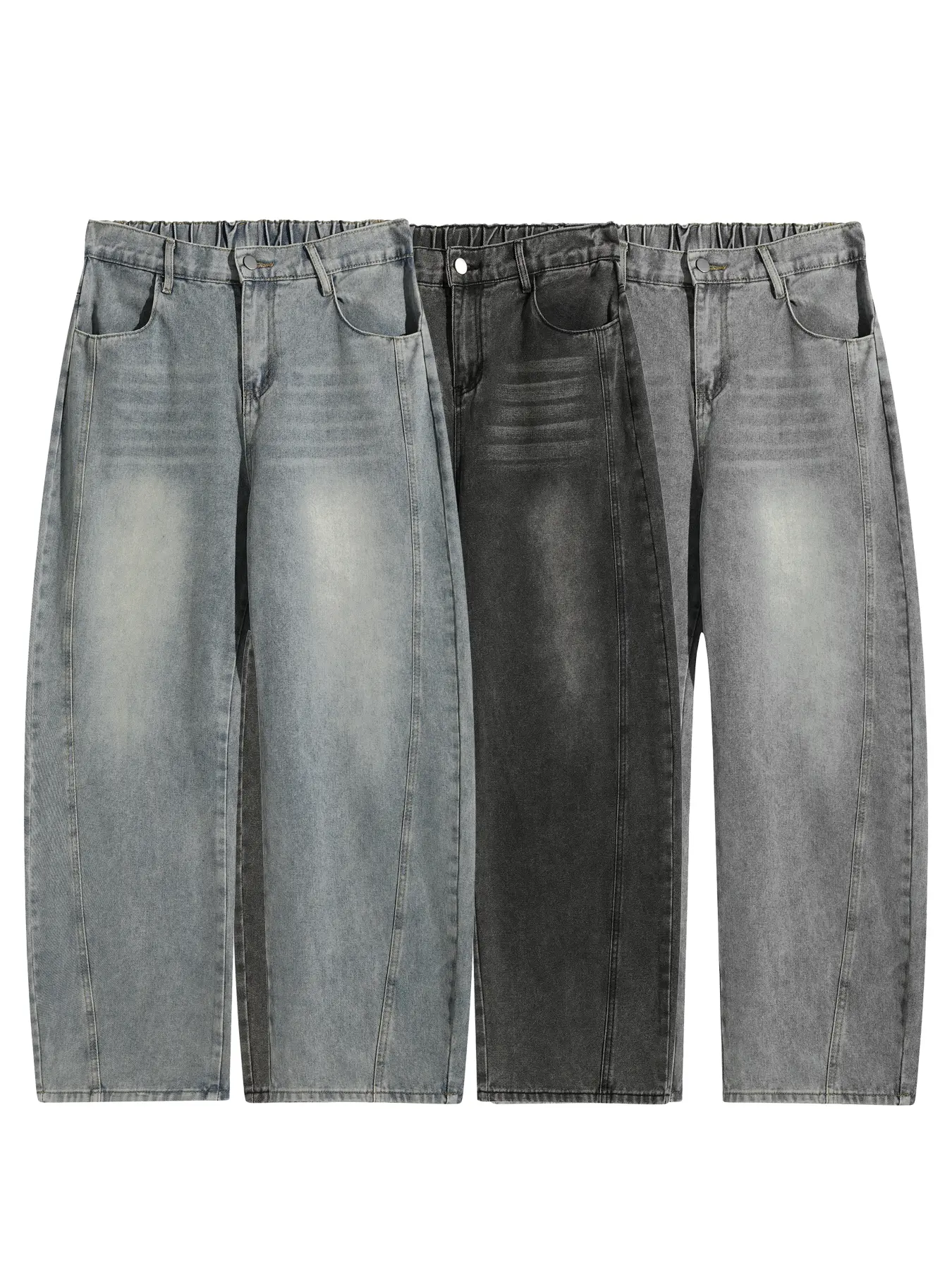 Men’s Dark Gray Washed Plain Menswear Baggy Jeans - Elastic Waistband, Wide Straight Legs, Vintage Hip-Hop Trendy Jeans, Plus-Size Casual Long Streetwear Pants
