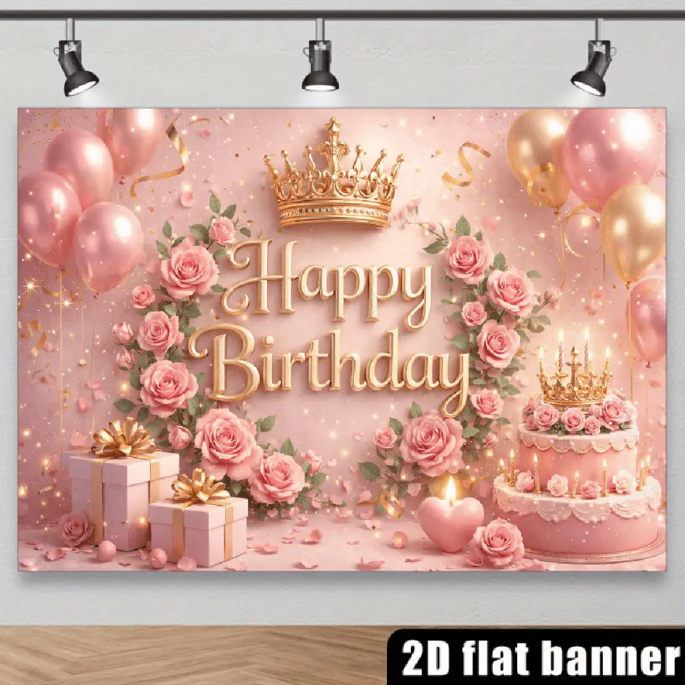 Luxury 2D Flat Polyester Birthday Party Backdrop Banners, Pink Gradient Background with Light Spots, Heart-Shaped Accents, "Happy Birthday" Art Words, Crown, Pink & Champagne Balloon Bunch, Polyester Fits for Festive Home Supplies, Reusable Polyester Back