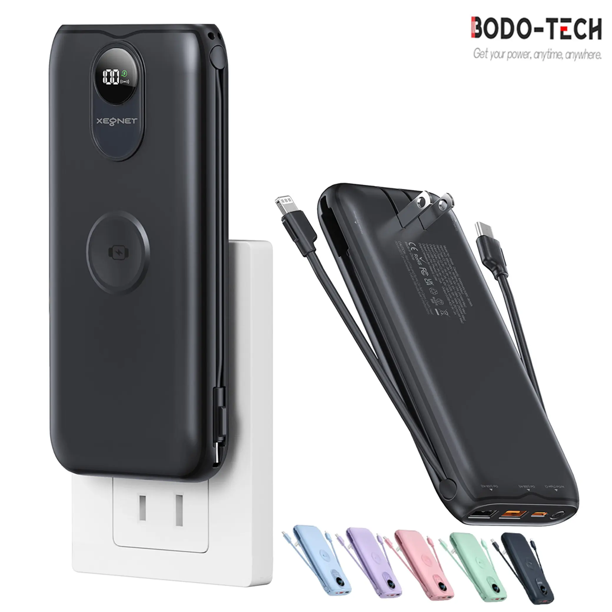 Bodo-Tech 10000mAh Power Bank with Built-in USB-C & Lightning Cables, AC Wall Plug, 22.5W Fast Charging Portable Charger with Wireless Charger for iWatch, Travel Battery Pack for iPhone & Android Deals For You Days,back to school campingessentials