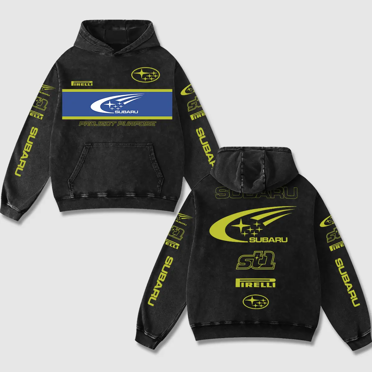 Retro Subaru St1 Racing Washed Hoodie Motor World Champion Enthusiast Apparel Streetwear Racing Team Super Motorsports Clothing Riders Motocross Off-Road Dirt Bike Fan Gear Cotton For Moto Fan Menswear