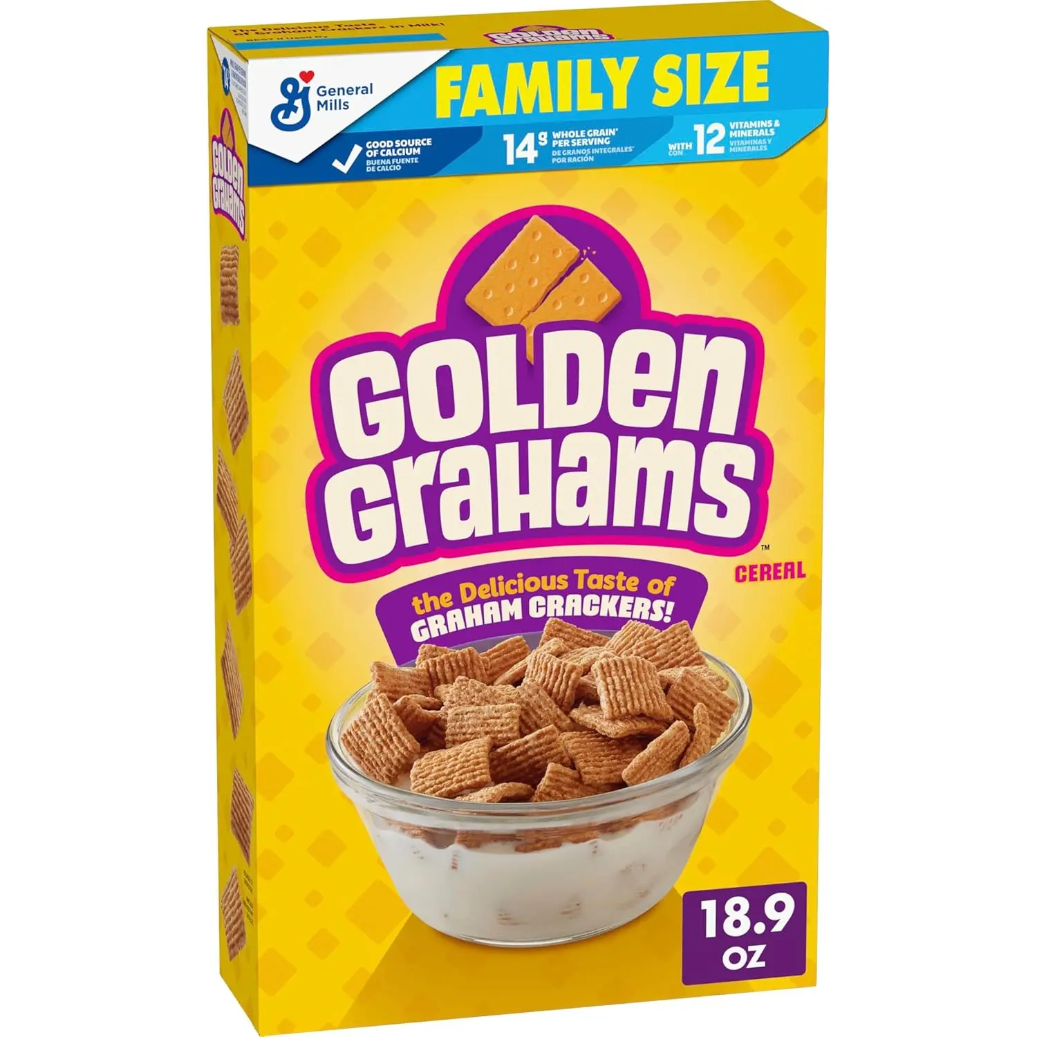 Golden Grahams Breakfast Cereal - Graham Cracker Taste, Whole Grain, Corn Meal, Niacinamide (a B Vitamin), Vitamin B12, 18.9 oz Family Size, Pantry Essential for All Ages, Milk-Pairing Friendly