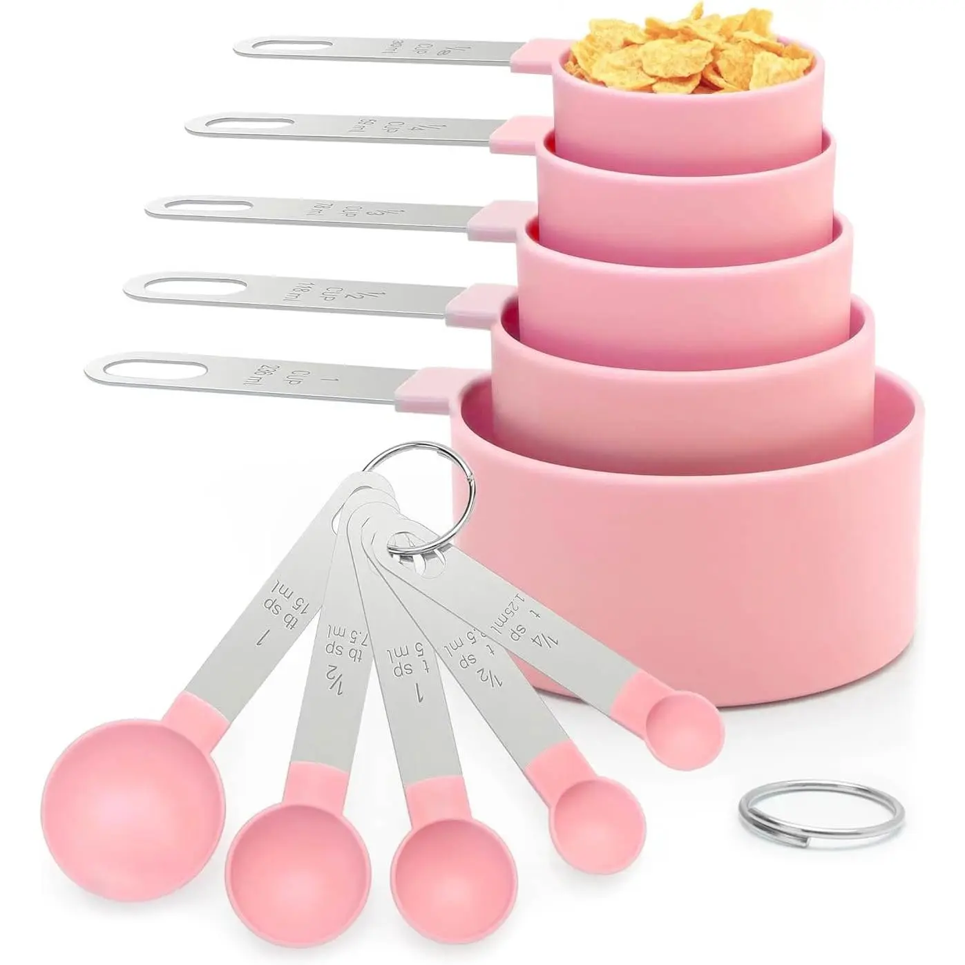 Measuring cup and spoon set, 10-piece stackable measuring tools, with stainless steel handles, kitchen cooking and baking utensils (pink)