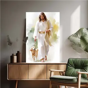Jesus Walking With Golden Retriever Christian Wall Art Canvas Posters Watercolor Soft Tones Comforting Decor Ideal Gift For Pet Owners Believers For Home Bedroom Prayer Room
