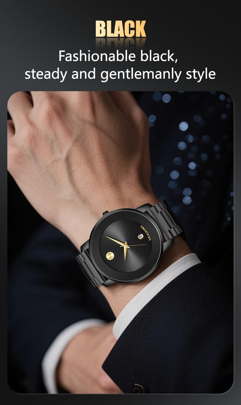 Luxury business quartz watches for ladies and gentlemen, featuring solid stainless steel straps, calendar function, and water resistance. With a minimalist design, they are elegant and durable, suitable for daily wear.