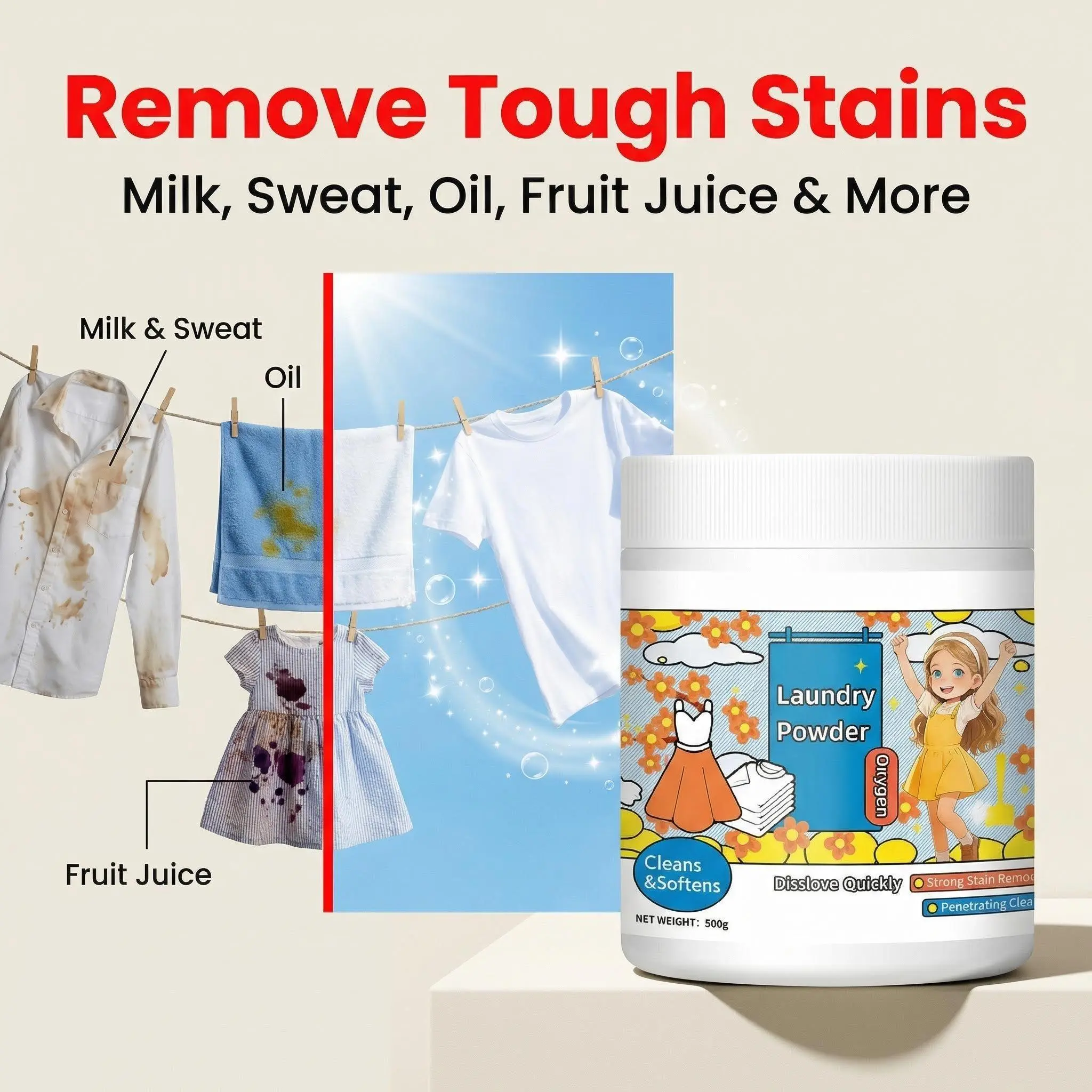 Tough Concentrated Household Powder Laundry Detergent - Chlorine-Free Plant-Based Oxygen Stain Remover, Safe for Sensitive Skin, Color-Safe & Eco-Friendly, Removes Milk, Sweat, Oil Stains, Concentrated Laundry Detergent, Household Laundry Detergent