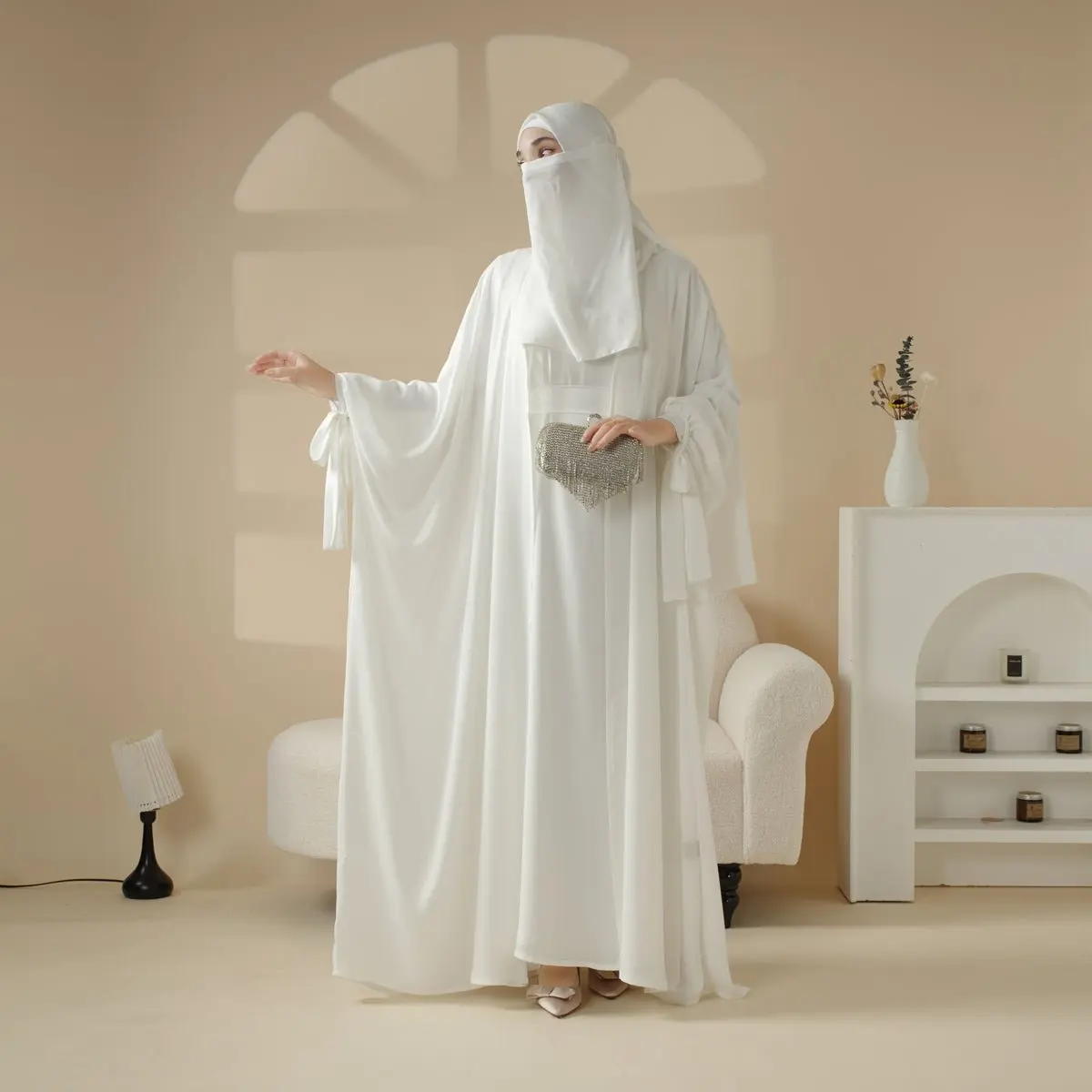 Premium Farasha Open Abaya 5-Piece Set | Elegant Butterfly Design | Lightweight & Breathable | Hajj, Wedding, Daily Wear | Includes Hijab, Niqab, Inner Dress, Belt | Modest Fashion | Ribbon Cuffs | Versatile & Comfortable | Perfect for Formal &MOA095 jilb
