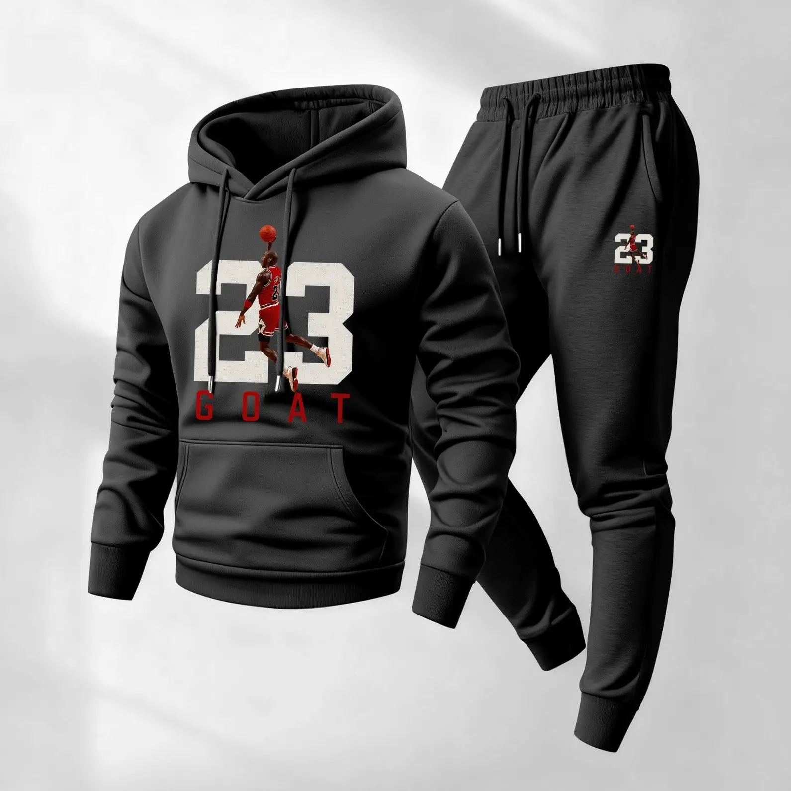 Men's Goat 23 Pattern Print Hoodie and Drawstring Sweatpants Set, Menswear, Casual Athletic Long Sleeve Hooded Jacket & Trousers for Fall & Winter, Men's Clothing for Daily Wear, Sportswear Indoor Outdoor, Tracksuit, Athleisure Minimalist