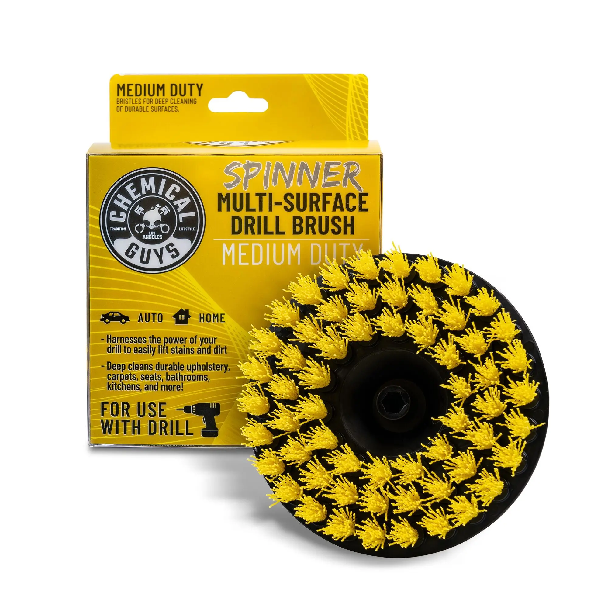 Chemical Guys 5" Medium Duty Scrubbing Spin Brush - Cleaning Drill Brush for RV Owners, Home Owners, Car Detailing, Durable Power Scrubber with Yellow Medium-Stiff Bristles to Cut Elbow Grease on Carpets, Floor Mats