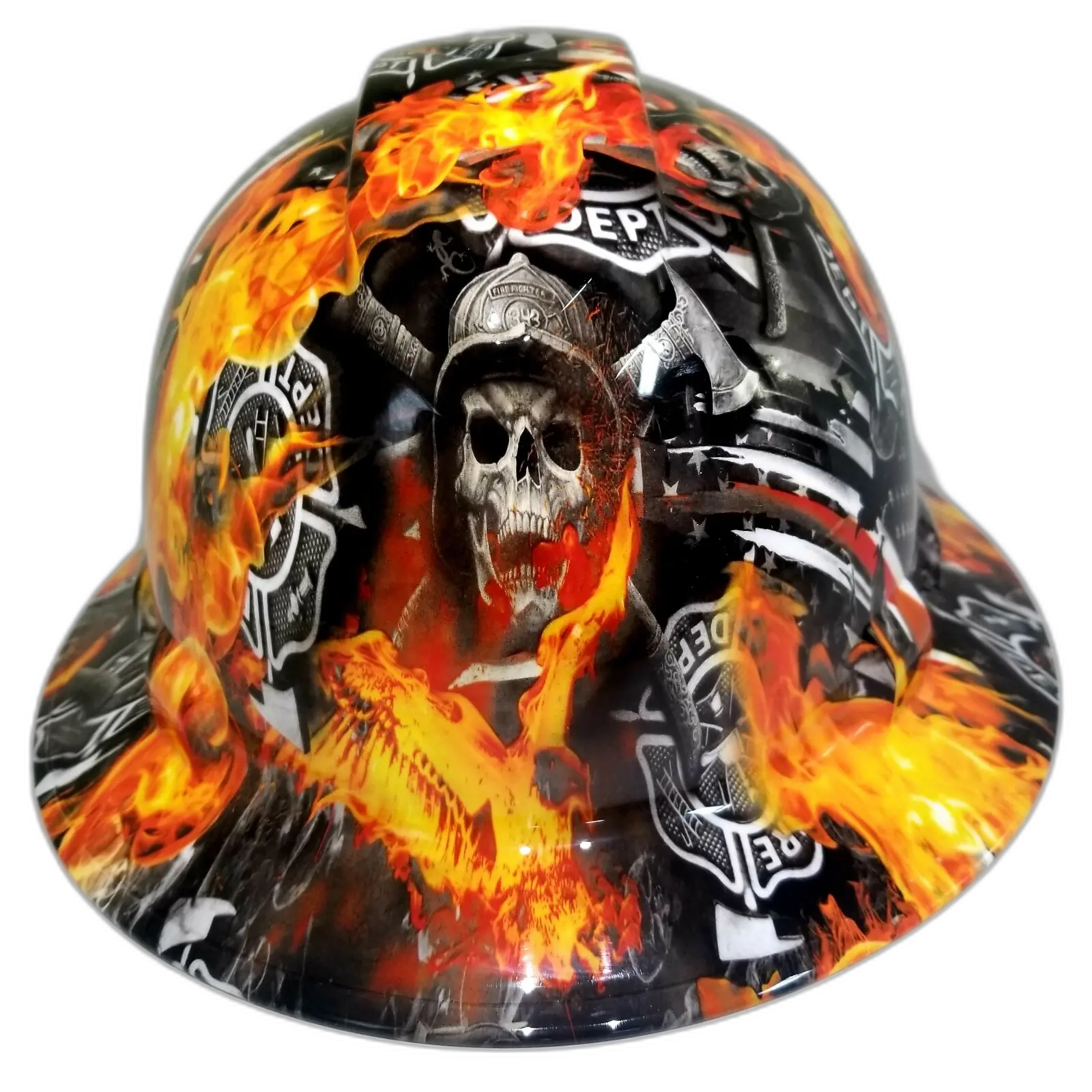 Firefighter Skull Maltese Cross - Custom Hydro Dipped Full Brim Hard Hat