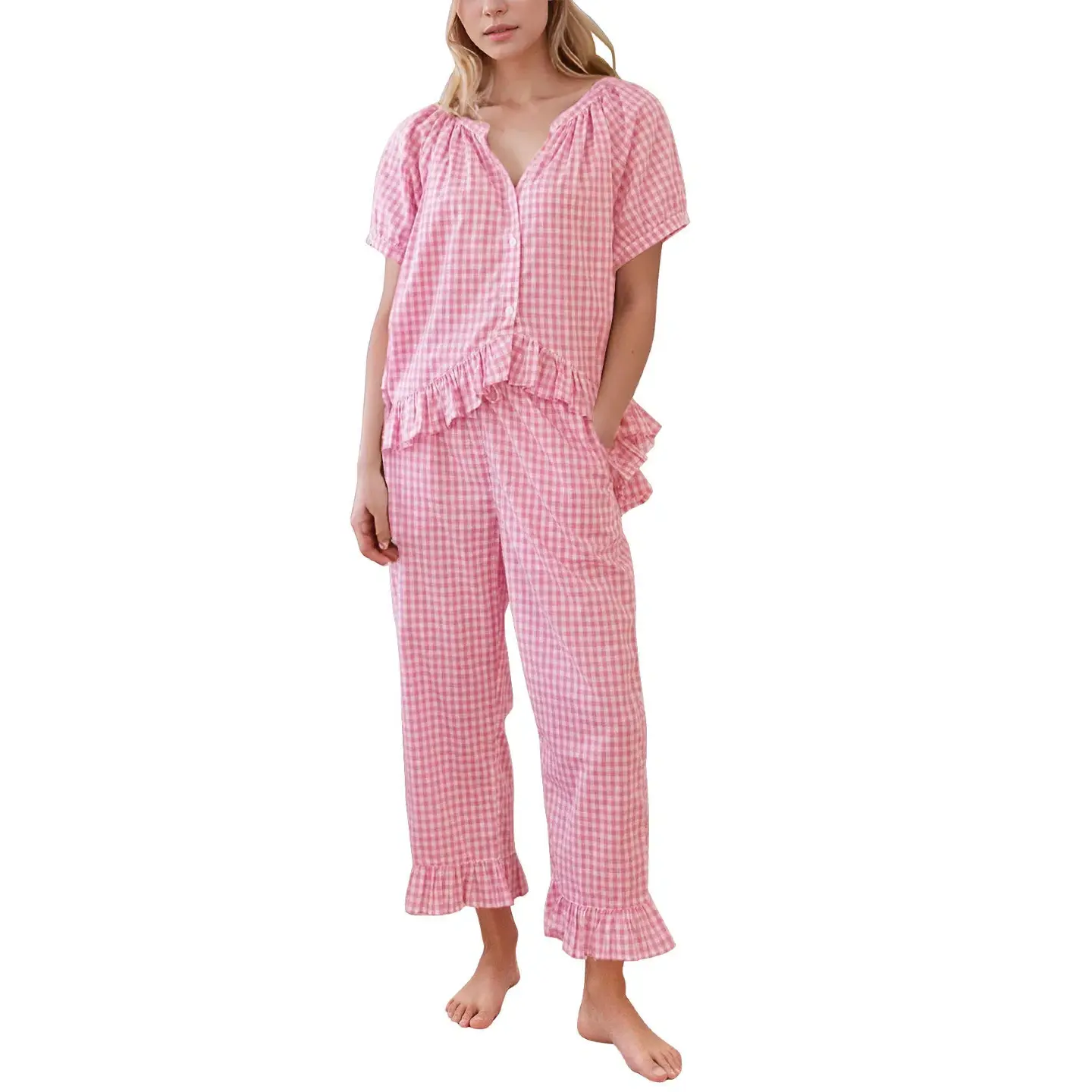 Women's 2-Piece Plaid Pajama Set - Cotton Gingham Button-Down Puff Sleeve Babydoll Shirt, Ruffle Pants Casual Loungewear, Skin-Friendly Fabric Nightwear, Shortsleeve Pyjamas Option