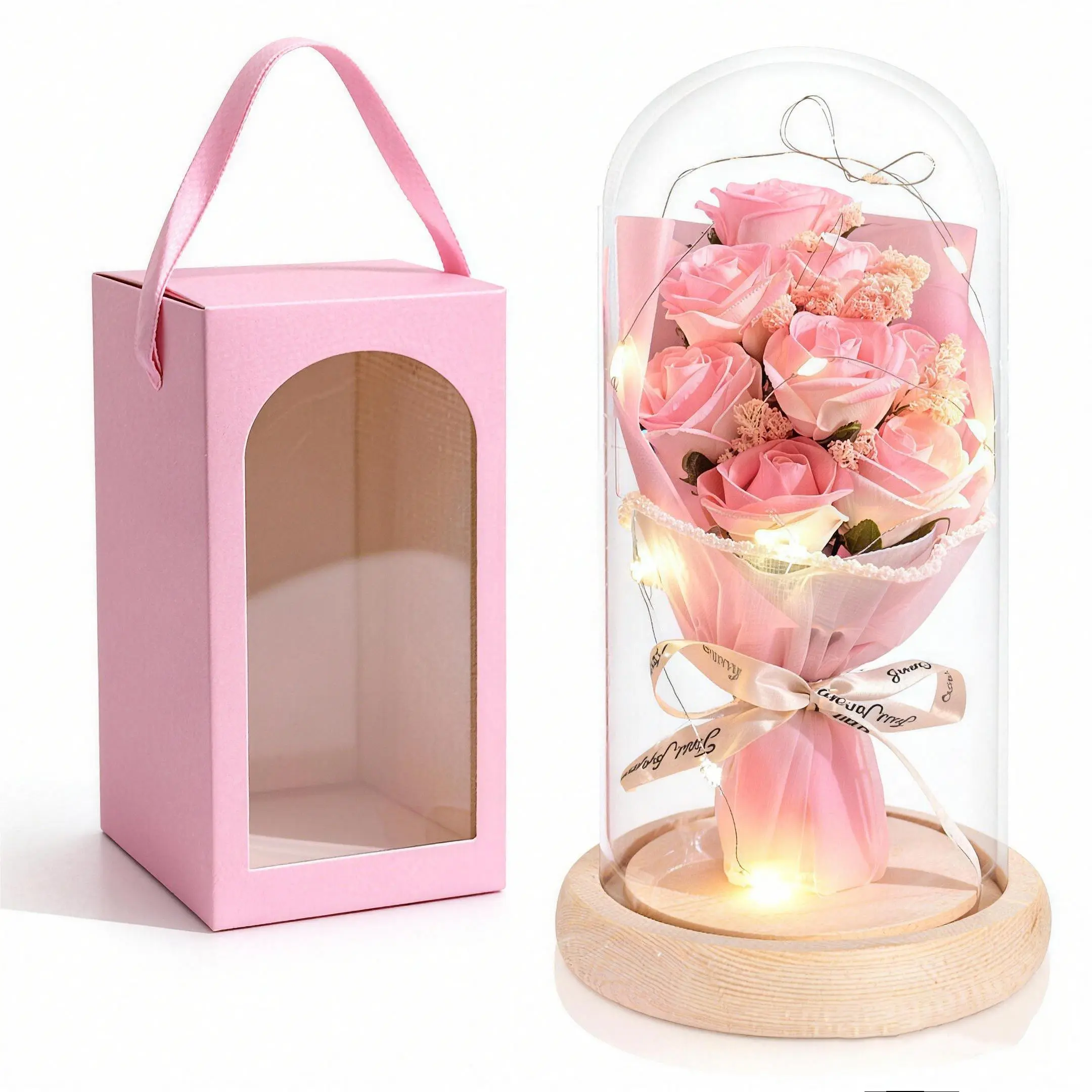 Rose Flower Bouquet in Acrylic Dome, Valentine's Day gift, Gifts for Girlfriend, Forever Flowers Fresh Bouquet Present for Women Mothers Day Birthday Room Decor