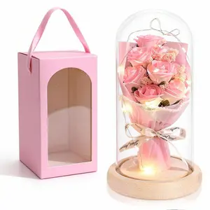 Rose Flower Bouquet in Acrylic Dome, Valentine's Day gift, Gifts for Girlfriend, Forever Flowers Fresh Bouquet Present for Women Mothers Day Birthday Gifts for Mom Wife Grandma