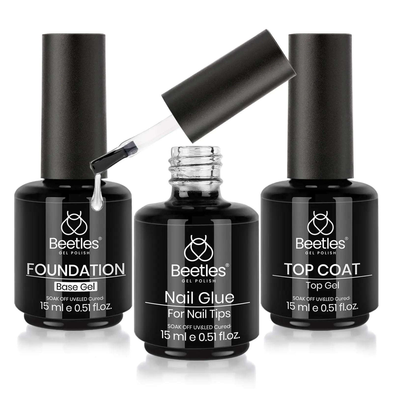 [Beetles] Top Coat Base Gel & Nail Glue Set 15-20 mL No Wipe Top Coat Gel Nail Polish & Base Coat with 9 In 1 Nail Glue Shine Effect Long Lasting Soak Off Uv Light Lamp Diy Nail Gifts for Women & Girls