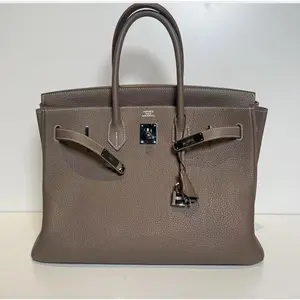 Pre-owned HERMÈS Leather Shoulder Bags Hermes Birkin 35 Etoupe Veau Togo Palladium Plated