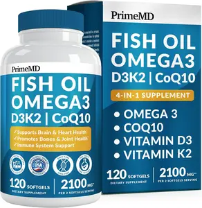 4-in-1 Fish Oil Omega 3 Fatty Supplements (2100mg) - Omega 3 Fish Oil with Vitamins D3 K2 and CoQ10 - Lemon Flavored (120 softgels)