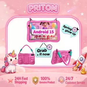 [TikTokShopSpringGlowUp]PRITOM Kids Tablet 10 inch Android 15 8GB RAM 32GB ROM Dual Cameras WiFi6 6000mAh Battery Protective Silicone Case Animal Flash Cards Educational Apps Toddler Gifts Stress Relief Case Pink/Blue tiktok shop official store